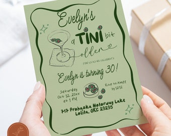 30th Dirty Martini Birthday Woman Invitation, Retro Green Cocktail Birthday Invitation, Tini Bit Older, Dirty Thirty Cocktails Party C56