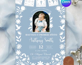 Photo Baby Blue Cielito Lindo Bautizo y Primer Anito Invitation, Charro Boy 1st Birthday Invite, Canva Spanish Birthday and Baptism C188