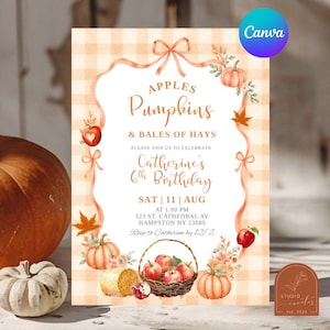 Könnte beinhalten: Eine rechteckige Einladungskarte mit hellorangem Vichy-Karo-Rand und Aquarellillustrationen von Kürbissen, Äpfeln und Heuballen. Der Text lautet: APPLES Pumpkins & BALES OF HAYS PLEASE JOIN US TO CELEBRATE Catherine 6th Birthday SAT 11 AUG AT 1:00 PM 123 ST. CATHEDRAL AV HAMPSTON NY 23689 Rsvp to Catherine by 12/2.