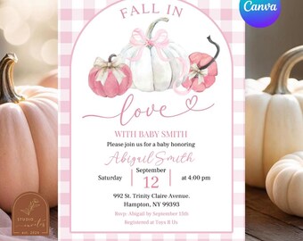 Plaid Pink Preppy Pumpkin Fall in Love Baby Shower, Falling in Love Girl Baby Shower Fall Invitation, Pink Pumpkin Bow Girl Baby Shower C52