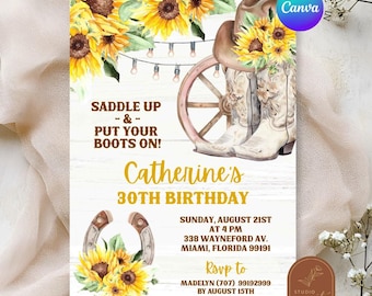 Editable cowgirl sunflower birthday invitation, modern rustic summer floral adult girl birthday, western horse shoe adult any age invite C49