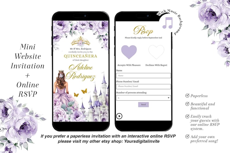 May include: Two smartphones display a Quincea&ntilde;era invitation and RSVP form. The invitation features a princess illustration, castle, and floral accents. The RSVP form includes fields for name, contact, and attendance. Text reads "Mini Website Invitation + Online RSVP."