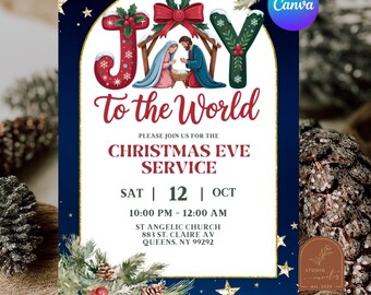 Puede incluir: Una tarjeta de invitación para un servicio de Nochebuena con fondo azul oscuro y estrellas doradas. El texto dice JOY TO THE WORLD, PLEASE JOIN US FOR THE CHRISTMAS EVE SERVICE, SAT 12 OCT, 10:00 PM - 12:00 AM, ST ANGELIC CHURCH, 883 ST. CLAIRE AV, QUEENS, NY 99292.