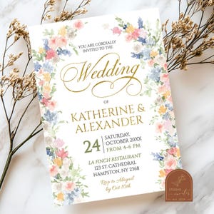 Pastell Frühling Blumen Hochzeitseinladung, Sommer Wildblumen Hochzeit einladen, Botanischer Garten Hochzeit einladen, Save The Date A23