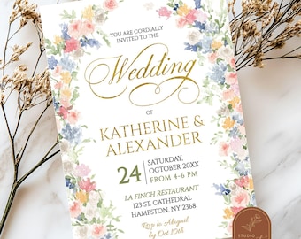 May include: Wedding invitation with a watercolor floral border in shades of pink, blue, and yellow. The text reads "You are cordially invited to the Wedding of Katherine & Alexander, Saturday, October 20XX from 4-6 PM, La Finch Restaurant, 123 St. Cathedral, Hampton, NY 2368, RSVP to Abigail by Oct 10th."