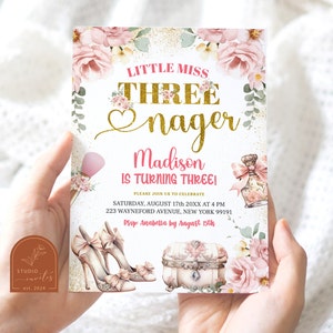 Modern little miss threenager birthday invitation, girl&#39;s pink gold third birthday party, fashion and make up girl&#39;s 3rd birthday invite C15