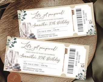 Greenery Spa Party Birthday Ticket Invitation, Nail Art Salon Spa Voucher, Body Massage Gift Coupon, Mani-Pedi Girl Birthday Ticket AC44