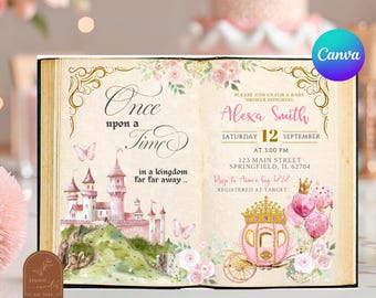 Fairytale Storybook Princess Baby Shower Invitation, Once Upon A Time Baby Invite, Canva Editable Magical Pink Castle Baby Shower C66