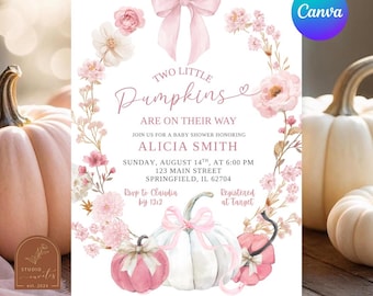 White and Pink Bow Coquette Twins Pumpkins Baby Shower Invitation, Two Little Pumpkin on the way Baby Shower, Canva Editable Baby Shower A18