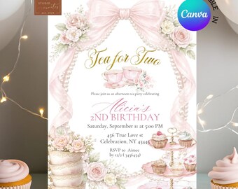 Einladung zum 2. Geburtstag „Tee für Zwei“, zartrosa, mit Schleife und Perlen verzierte Teeparty-Einladung, florale Teetassen-Geburtstags-Canva-Vorlage C83