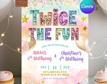Invitation d'anniversaire double à paillettes pastel, invitation pour deux anniversaires de frères et sœurs, invitation modifiable Canva pour une fête d'anniversaire commune pour enfants C177