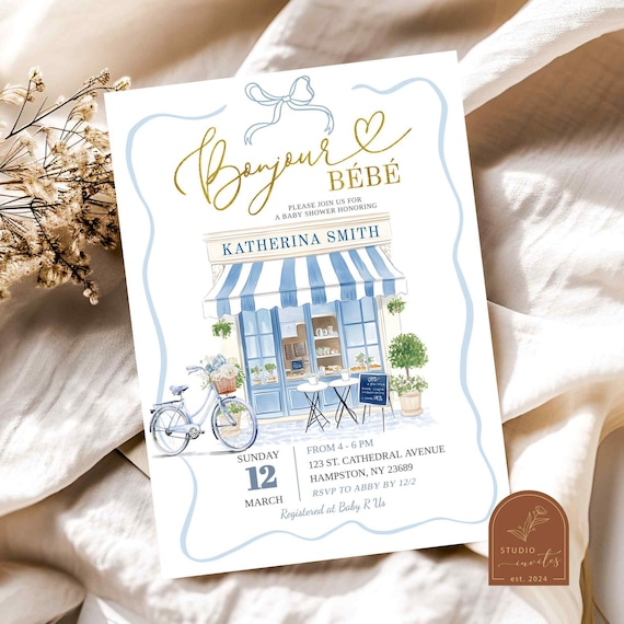 Paris Baby Shower Invitation, Bonjour Bebe French Parisian Cafe Invitation, Blue Patisserie Invite, Blue Coquette French Baby Shower C94