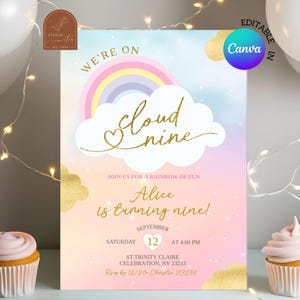 Editable cloud and rainbow 9th birthday invitation, colorful cloud nine birthday, colorful pastel magic rainbow 9th birthday invite  C48