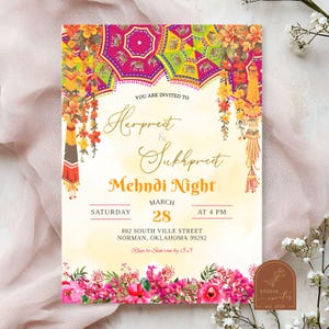 Mehndi-nachtceremonie bloemenuitnodiging, hindoe Pithi-ceremonie, Indiase Sangeet-bruiloft, Dholki Maiyan-ceremonie, Panjabi sikh-bruiloft AC27