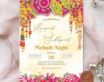 Floral Mehndi Night Ceremony Invitation, Hindu Pithi Ceremony, Indian Sangeet Wedding, Dholki Maiyan Ceremony, Panjabi Sikh Wedding AC27