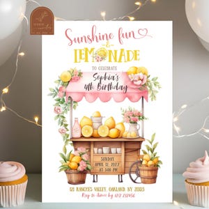 Zaproszenie urodzinowe Sunshine and Pink Lemonade, Lemonade Stand Sunshine Birthday Girl Invite, Lemon Cart Summer Theme Edytowalne zaproszenie C10