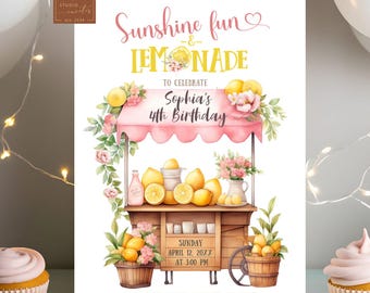 Sunshine and Pink Lemonade Birthday Invitation, Lemonade Stand Sunshine Birthday Girl Invite, Lemon Cart Summer Theme Editable Invite C10