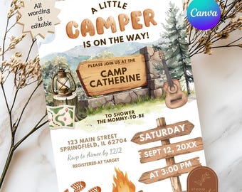 May include: A baby shower invitation featuring a camping theme with text reading A LITTLE CAMPER IS ON THE WAY, CAMP CATHERINE, and details for Saturday, Sept 12, 20XX at 3:00 PM. The design includes a lantern, guitar, map, campfire, and wooden signs.
