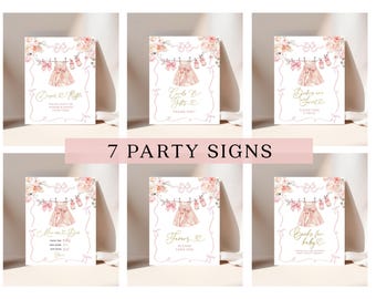 Signes de fête de vêtements de bébé doux avec noeud rose, signe de lessive coquette florale, signe de corde à linge bohème les bébés sont doux, signe de tombola de couches-culottes G2C