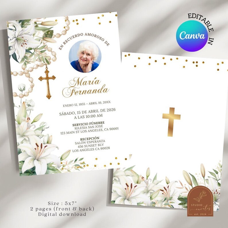 May include: A white memorial card with a photo, gold cross, and floral accents. The card includes the name "Mar&iacute;a Fernanda", dates, and service details. The design features lilies and a rosary.