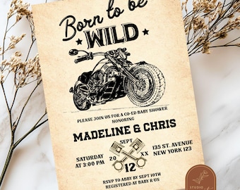 Born To Wild Motorbike Baby Shower Invitation, Motorcycle Co-Ed Baby Shower Invite, Vintage Bikers Baby Shower Invite, Rockstar Shower C73