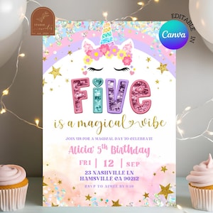 Pastel Rainbow Magical Unicorn 5th birthday Invitation, Five Is A Magical Vibe Birthday Invite, Canva Editable Kids Birthday Party C177
