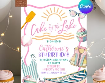 Pink pastel girl Lake party birthday invitation, Cake By The Lake Birthday Invite, Canva Editable Summer Outdoor Lake Party Birthday C159