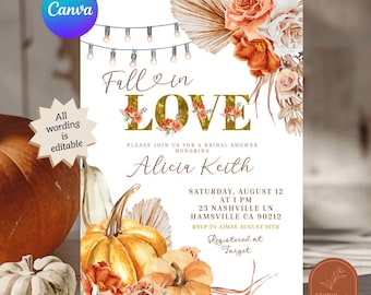 Boho Teracotta Pumpkin Floral Bridal Shower Invitation, Fall in Love Bridal Shower Invite, Canva Editable Fall-Themed Bridal Shower C164