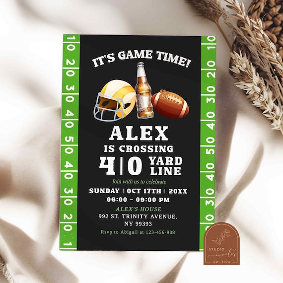 Football and Beer 40th Birthday Party, It's Game Time Football Adult Male Birthday Invitation, Beers and Cheers Surprise Birthday Party C74