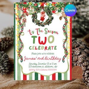 Puede incluir: Una tarjeta de invitación de cumpleaños rectangular con fondo de rayas rojas y verdes, una corona navideña, un cascanueces y un calcetín. El texto dice 'Tis The Season TWO CELEBRATE Please join us to celebrate James' 2nd Birthday Saturday, December 12 at 11 am 123 downtown st, oklahoma, okc RSVP by: 12/2 to Catherine (232322334).'