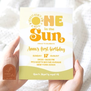One in the sun picnic birthday invitation, kid&#39;s picnic summer first birthday party, retro hippie sunshine 1st birthday theme invitation C29