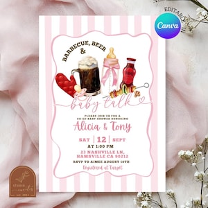 May include: A pink and white striped baby shower invitation with the text "Barbecue, Beer & Baby Talk". The invitation features illustrations of a beer mug, baby bottle, BBQ sauce, and a skewer. The invitation is for Alicia & Tony.