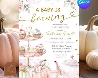 Blush Pink A Baby is Brewing Tea Fall Girl Baby Shower invitation, Pumpkin Tea Party Girl Baby Shower, Tea With Mommy to Be Baby Shower C66