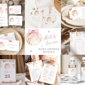 May include: A baby shower bundle featuring various stationery items. The designs include a seashell with a pink bow, pearls, and the text "Shall be here soon." Items include invitations, tags, labels, and water bottle labels.