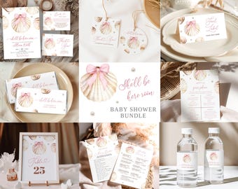 She'll Be Here Soon Sea Shell Baby Shower Complete Bundle, Coquette Bow Summer Baby Shower Bundle, Sea Shell Pink Baby Shower Bundle C117