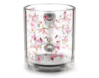 Floral Glass Mug, Pink & Purple Magnolia Design, 10oz