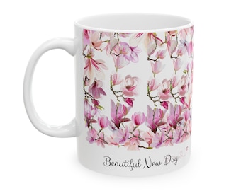 Keramische mok roze magnolia bloemen, kopje koffie thee (11oz, 15oz)