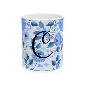 Elegant French Blue Floral Ceramic Personalized Mug Initial "C", 11oz 15oz Tea Mug, Custom Gift for Her, Birthday, Mother's Day,