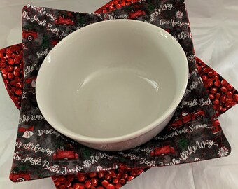 CLEARANCE Bowl Cozy Set of 2 Microwave Hot Pad Fabric Bowl Soup Cozy Santa Claus Christmas Fabrics Great For Hot Or Cold Food