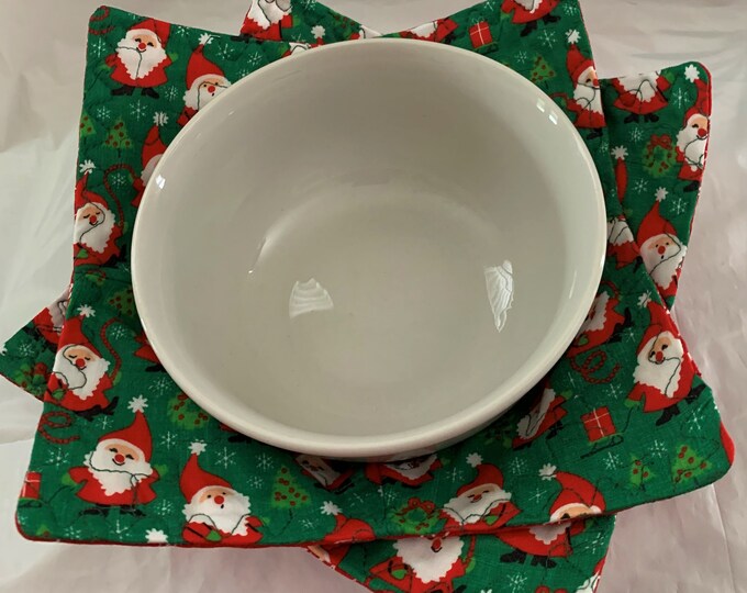 CLEARANCE Bowl Cozy Set of 2 Microwave Hot Pad Fabric Bowl Soup Cozy Santa Claus Christmas Fabrics Great For Hot Or Cold Food