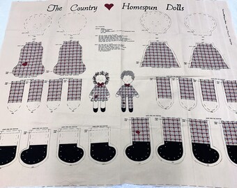 Country Homespun Dolls Fabric Panel  Makes 2 Stuffed Dolls Toy Includes Fabric Pattern and Detailed  Instructions  Crafts Sewing  Kit