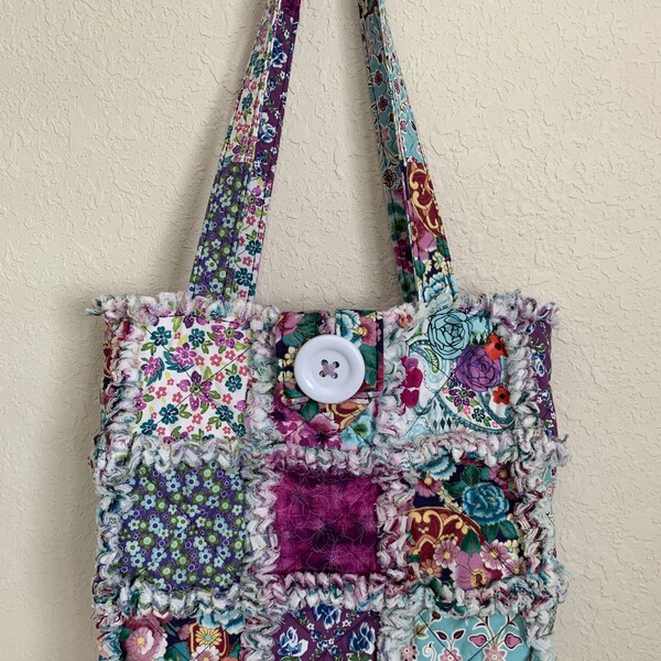 Rag Quilt Tote Bag Purse Purples and Teals Coordinating Colors So Pretty Shabby Chic Use as Library bag Diaper Bag Mothers Day