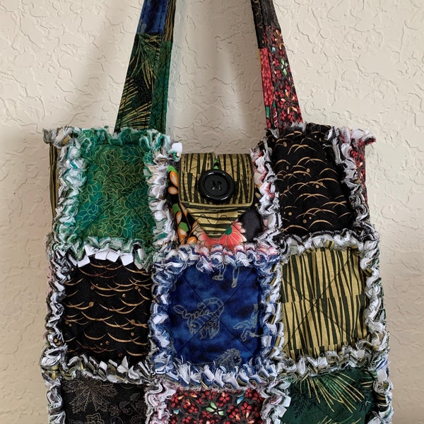 Rag Quilt Purse Tote Bag SCreen Prints Dark Colors Diaper Bag  Knitting Tote Bag 13 X 13 Woman Gift Teen