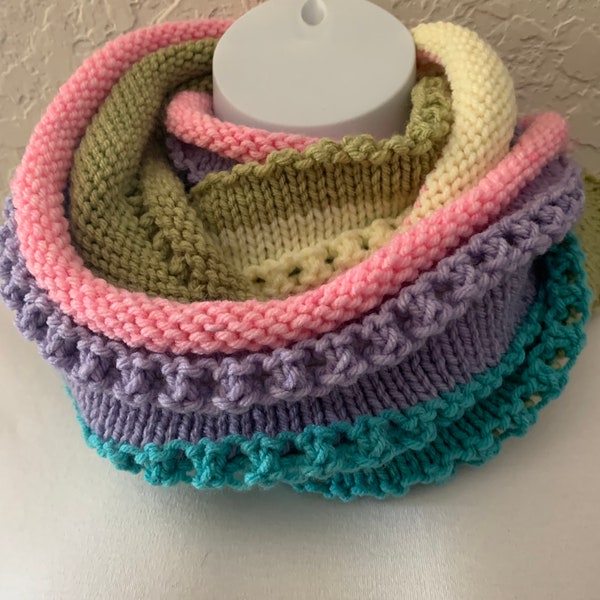 Infinity  COWL Hand Knit  of Pastel Rainbow Colors  Acrylic Infinity Scarf  Unisex Adult Teen Warm Winter  Acrylic