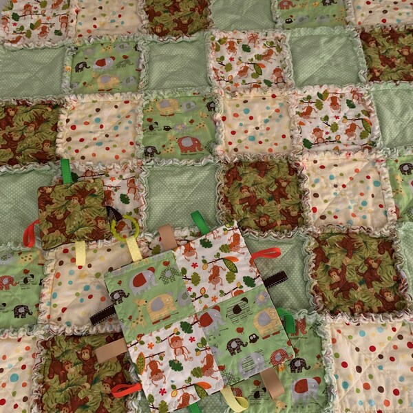 Rag Quilt Monkeys  Elephants 39" X 39" Quilt Blanket Throw Lovey with Ribbon Tags and Crinkle Toy with tags Baby  Toddler Shower Gift