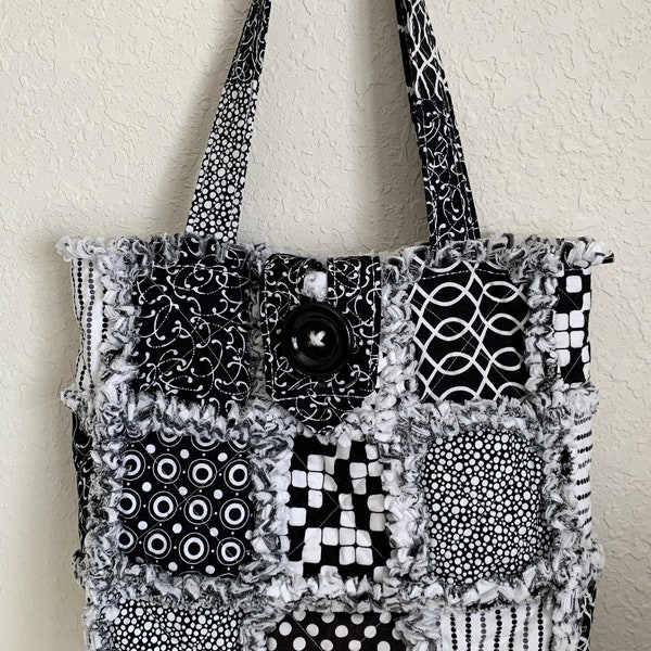 Rag Quilt Purse Tote Bag Made from Black and White Fabrics Shabby Chic Diaper Bag  Knitting Tote Bag 13 X 13 Woman Gift Teen