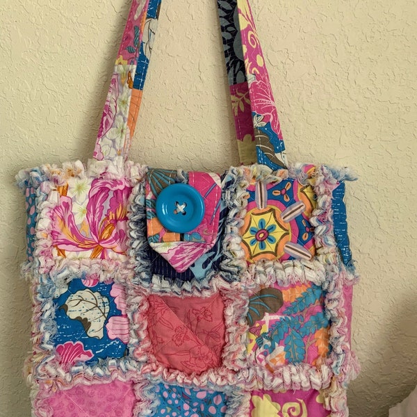 Rag Quilt Purse Tote Bag Made from Pinks Peach Blues Yellow  Fabrics Shabby Chic Diaper Bag  Knitting Tote Bag 13 X 13 Woman Gift Teen
