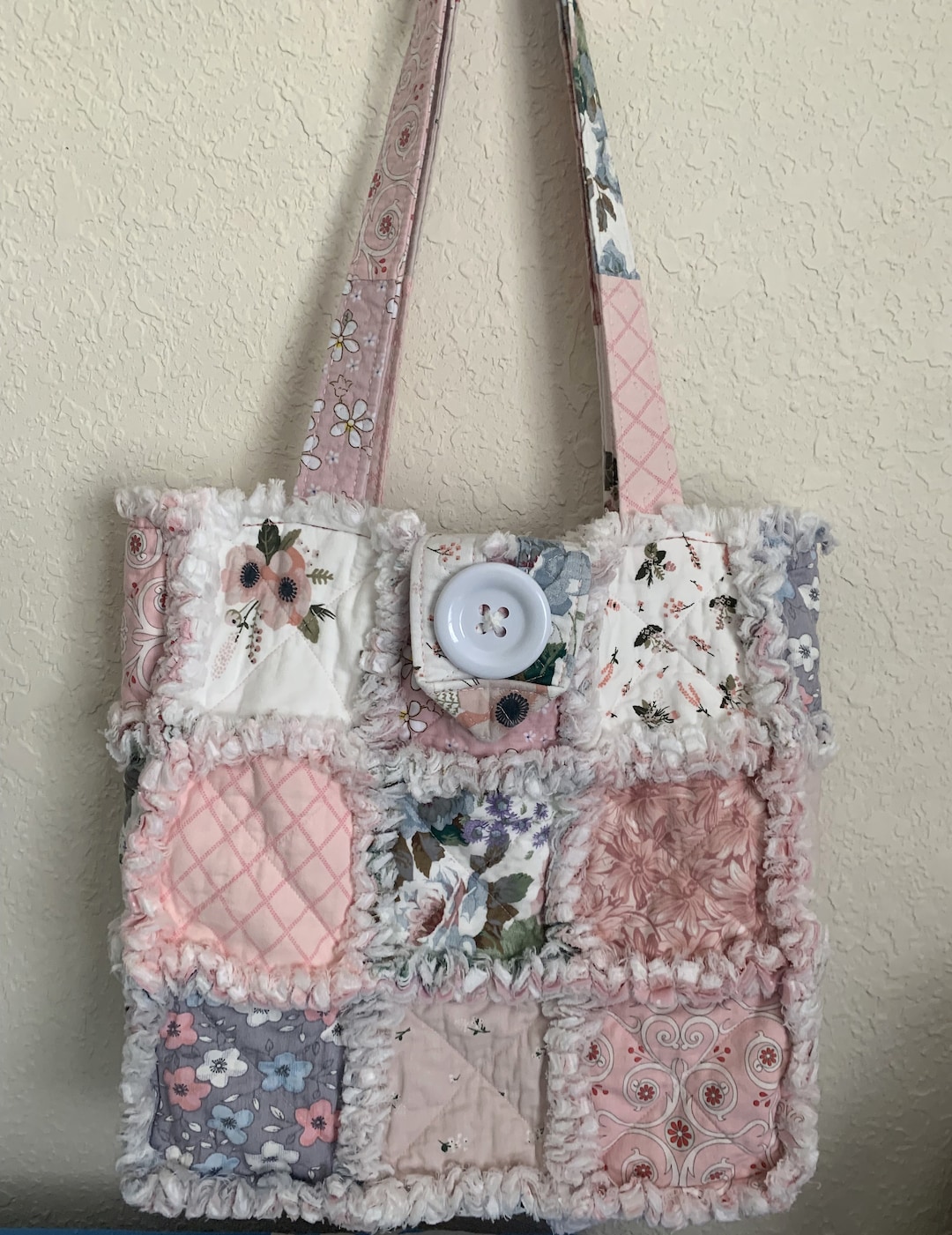 Rag Quilt Tote Bag Purse Mostly Pink With Coordinating Colors so Pretty