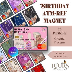 Mall för födelsedagsmagnet med bankomat: 26 Canva-designer (digital nedladdning)