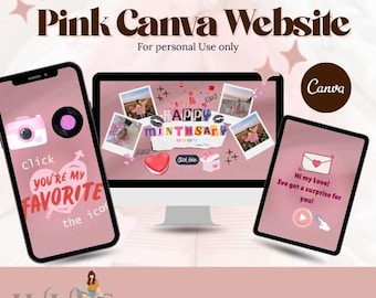 May include: A pink Canva website design displayed on a computer, phone, and tablet. The phone features a camera icon and text that says "You're my favorite." The tablet displays a message: "Hi my Love! I've got a surprise for you!"